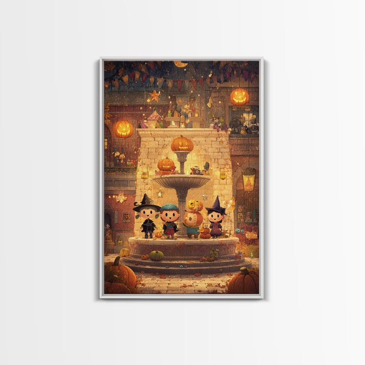 The Trick-Or-Treat Village Square, Pixel Halloween Art, Vertical Wall Art, Canvas Print, Cute Halloween Wall Art