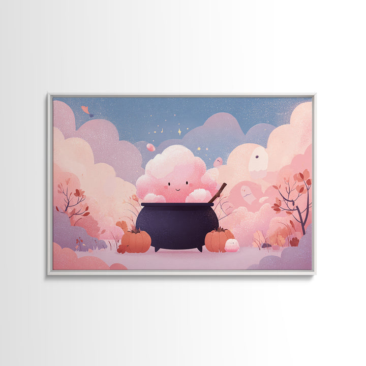 The Cotton-Candy Cauldron, Vector Halloween Art, Landscape Wall Art, Framed Canvas Print, Cute Halloween Wall Art