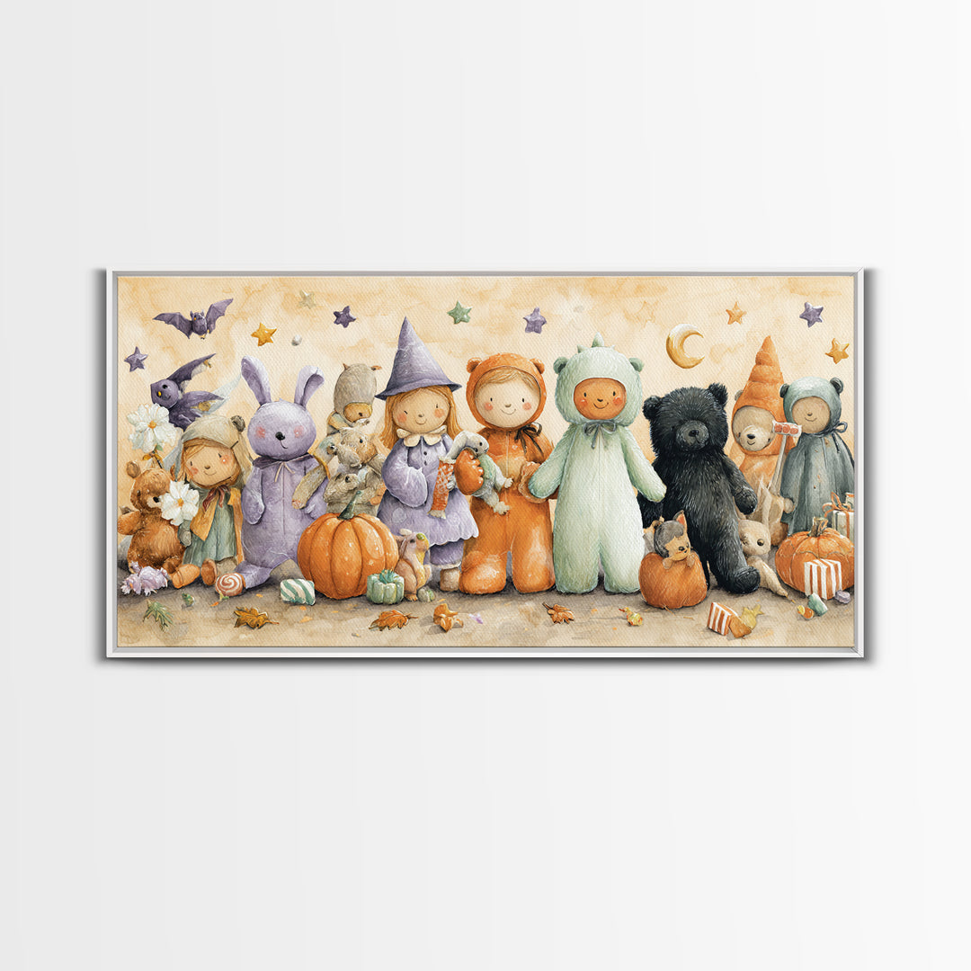 The Halloween Toy Kingdom, Watercolor Halloween Art, Wide Panoramic Art, Framed Canvas Print, Cute Halloween Wall Art