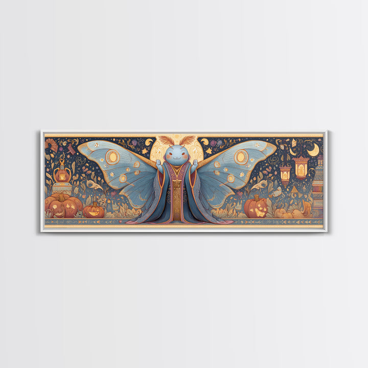 The Moth Prophet Of Kadath, Gouache Halloween Art, Extra Wide Wall Art, Canvas Print, Cute Halloween Wall Art