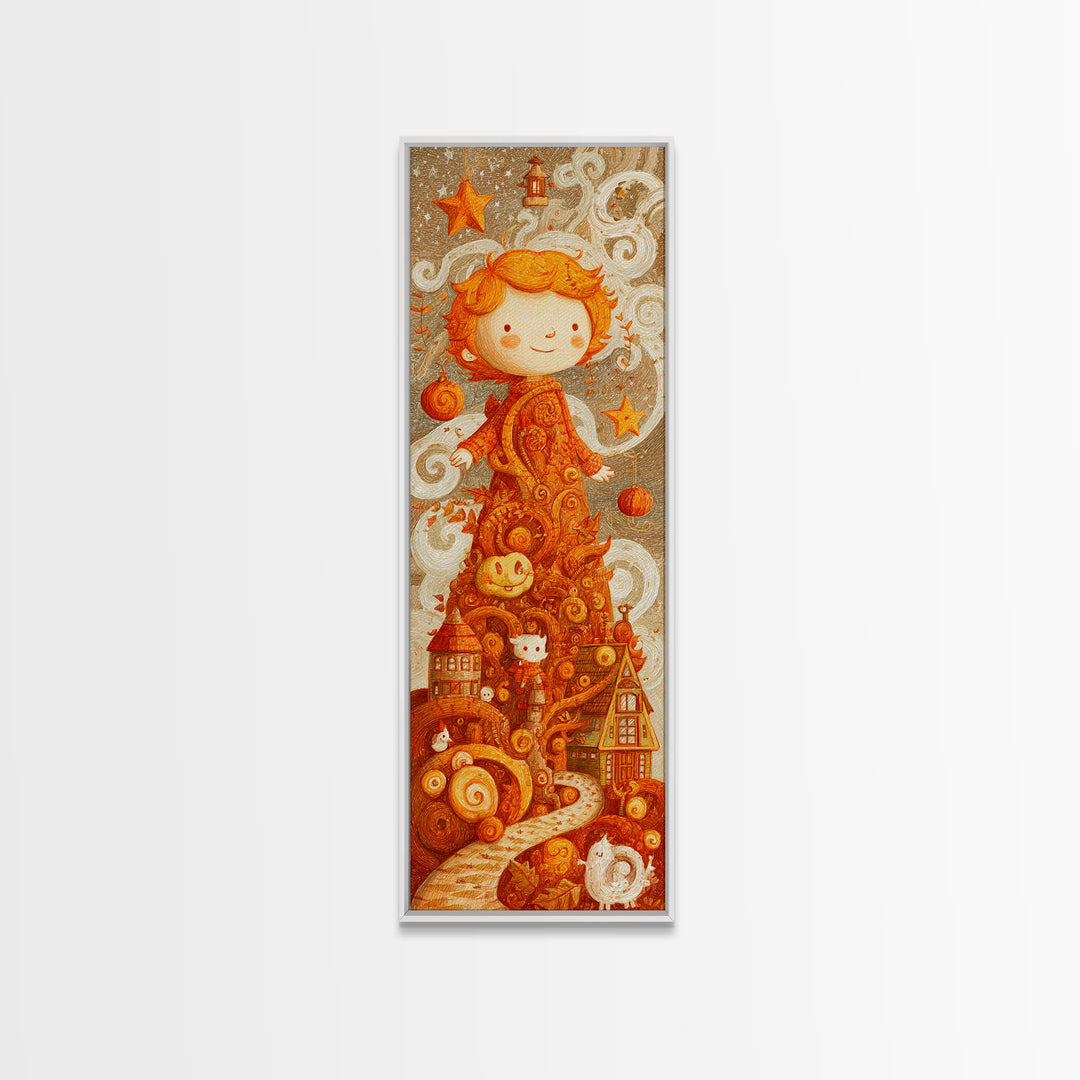 The Autumn Leaf Sprite, Crayon Halloween Art, Tall Narrow Wall Art, Framed Canvas Print, Cute Halloween Wall Art