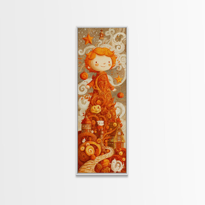 The Autumn Leaf Sprite, Crayon Halloween Art, Tall Narrow Wall Art, Framed Canvas Print, Cute Halloween Wall Art