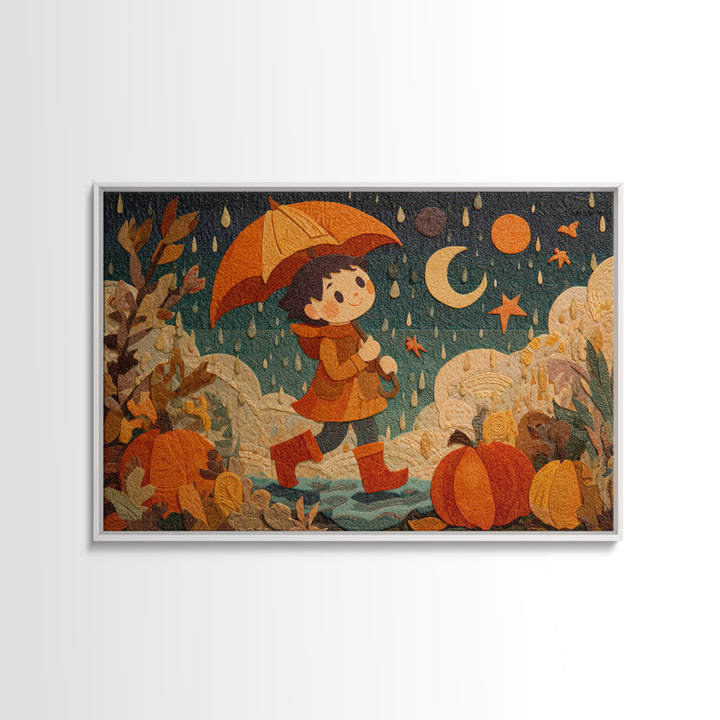 The Pumpkin Umbrella, Paper Collage Halloween, Landscape Wall Art, Framed Canvas Print, Cute Halloween Wall Art, Storybook Decor