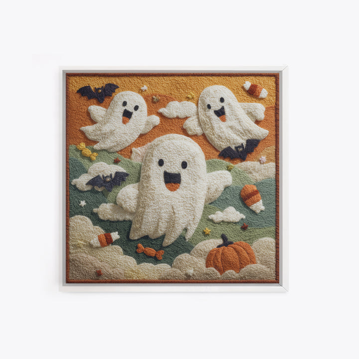 The Ghost Kite Festival, Felt Halloween Art, Square Wall Art, Canvas Print, Cute Halloween Wall Art, Halloween Kids Decor