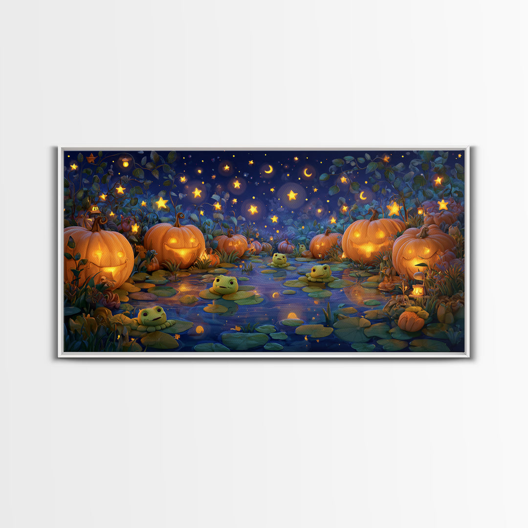 The Star-Filled Pumpkin Pond, Clay Halloween Art, Wide Panoramic Art, Framed Canvas Print, Cute Halloween Wall Art