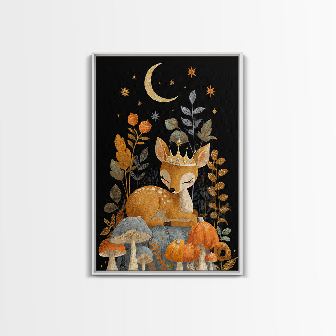 The Moon Princess Deer, Retro Halloween Art, Vertical Wall Art, Canvas Print, Cute Halloween Wall Art