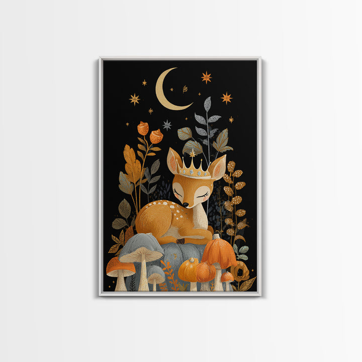 The Moon Princess Deer, Retro Halloween Art, Vertical Wall Art, Canvas Print, Cute Halloween Wall Art