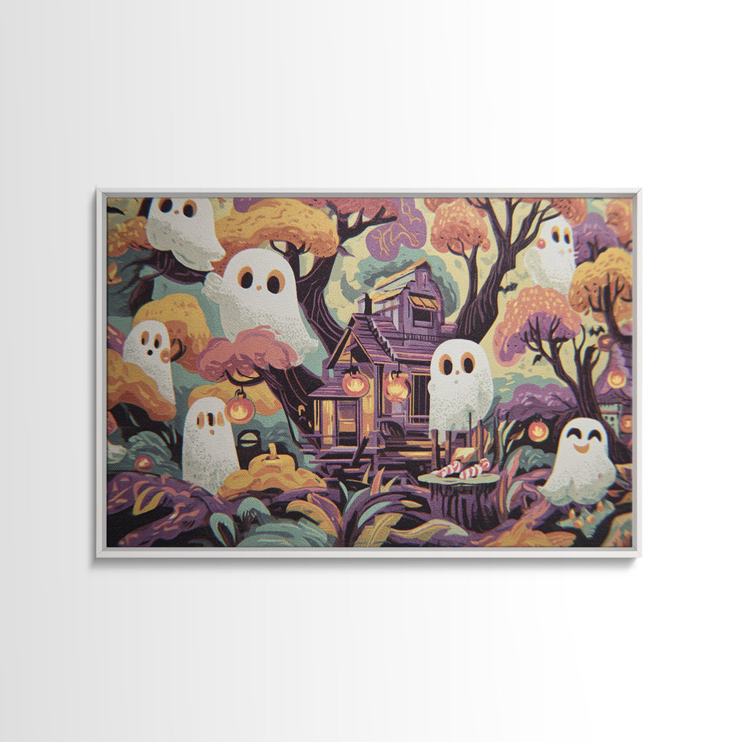 The Ghostly Treehouse, Screenprint Halloween Art, Landscape Wall Art, Framed Canvas Print, Cute Halloween Wall Art