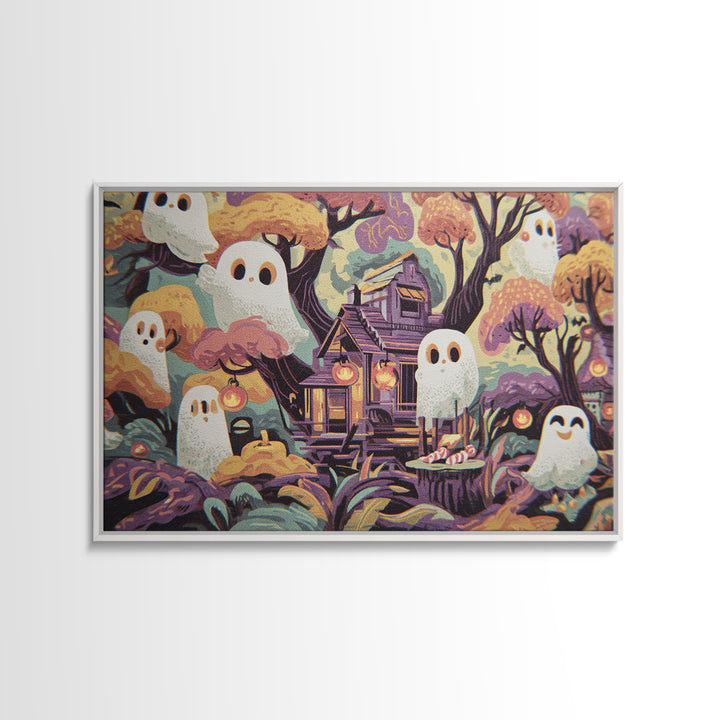 The Ghostly Treehouse, Screenprint Halloween Art, Landscape Wall Art, Framed Canvas Print, Cute Halloween Wall Art