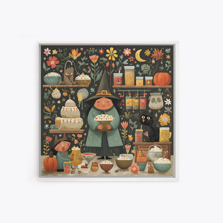 The Candy Witch'S Kitchen, Folk Halloween Art, Square Wall Art, Canvas Print, Cute Halloween Wall Art