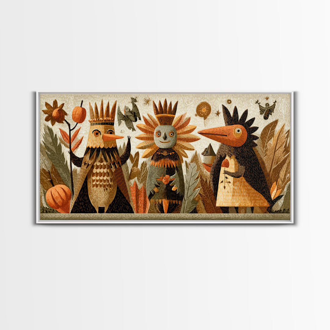 The Autumn Leaf Costume Contest, Linocut Halloween Art, Wide Panoramic Art, Framed Canvas Print, Cute Halloween Wall Art