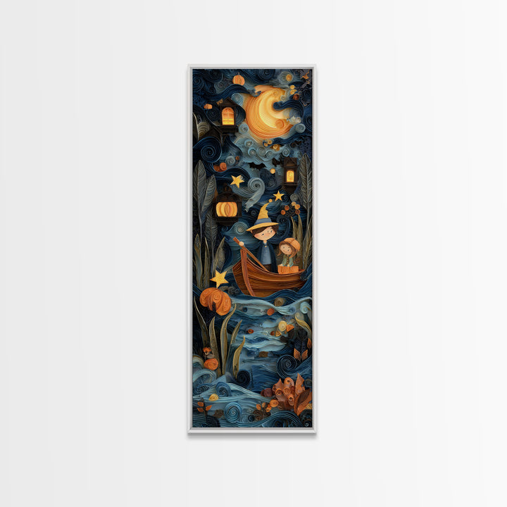 The Ferryman Of The Outer Marsh, Quilled Halloween Art, Tall Narrow Wall Art, Framed Canvas Print, Cute Halloween Wall Art