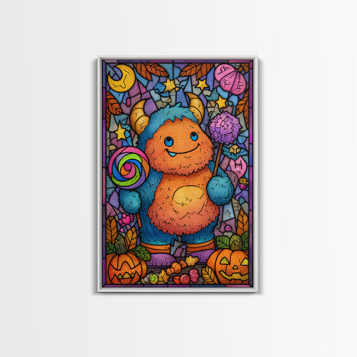 The Rainbow Monster, Stained Glass Halloween, Vertical Wall Art, Canvas Print, Cute Halloween Wall Art