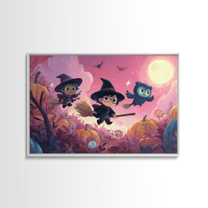 The Broomstick Riding Lesson, Vaporwave Halloween Art, Landscape Wall Art, Framed Canvas Print, Cute Halloween Wall Art
