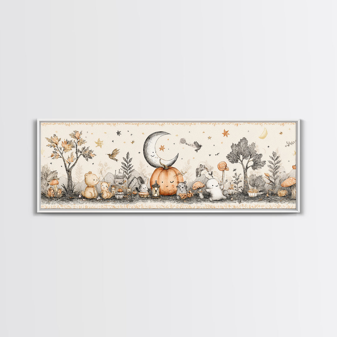 The Smiling Moon Meadow, Hand Sketch Halloween Art, Extra Wide Wall Art, Canvas Print, Cute Halloween Wall Art