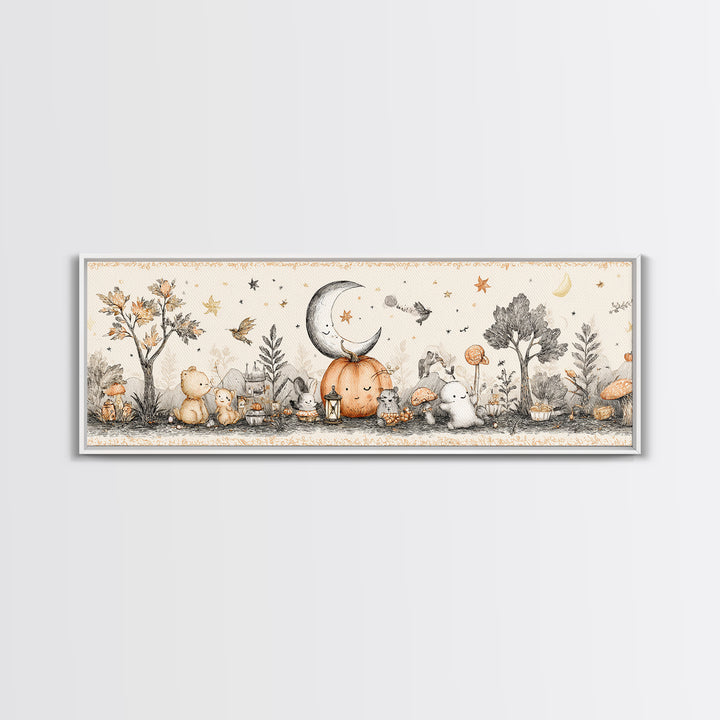 The Smiling Moon Meadow, Hand Sketch Halloween Art, Extra Wide Wall Art, Canvas Print, Cute Halloween Wall Art