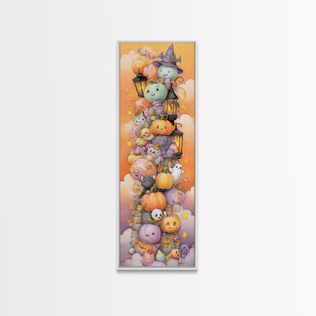 The Festival Of Friendly Frights, Watercolor Halloween Art, Tall Narrow Wall Art, Framed Canvas Print, Cute Halloween Wall Art