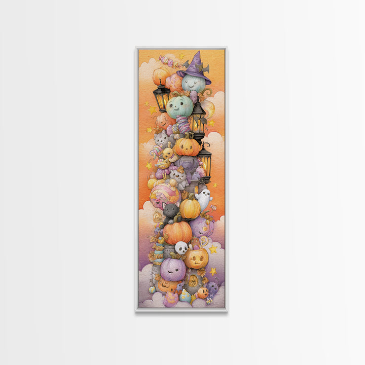 The Festival Of Friendly Frights, Watercolor Halloween Art, Tall Narrow Wall Art, Framed Canvas Print, Cute Halloween Wall Art