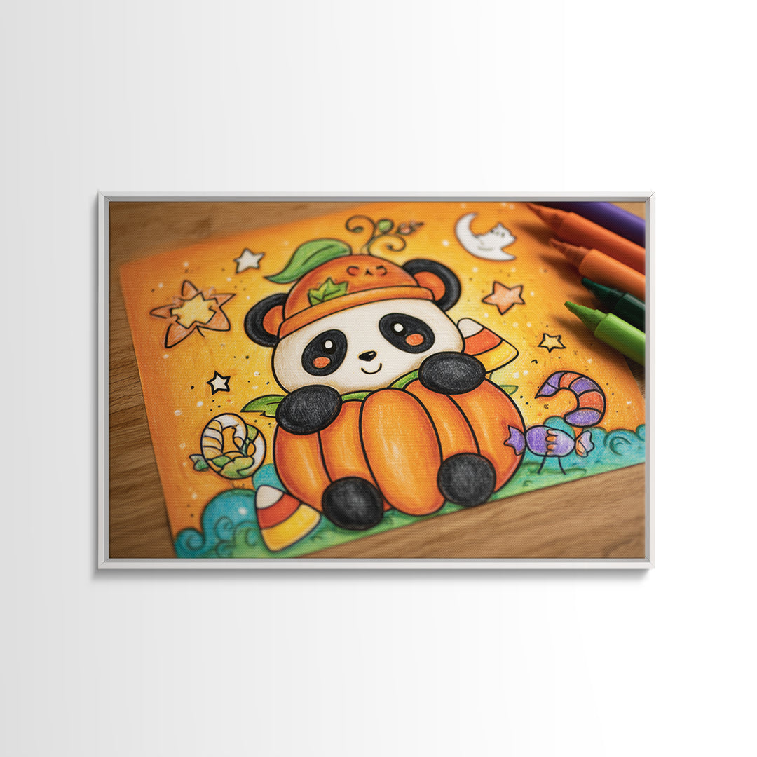 The Panda Pumpkin, Crayon Halloween Art, Landscape Wall Art, Framed Canvas Print, Cute Halloween Wall Art