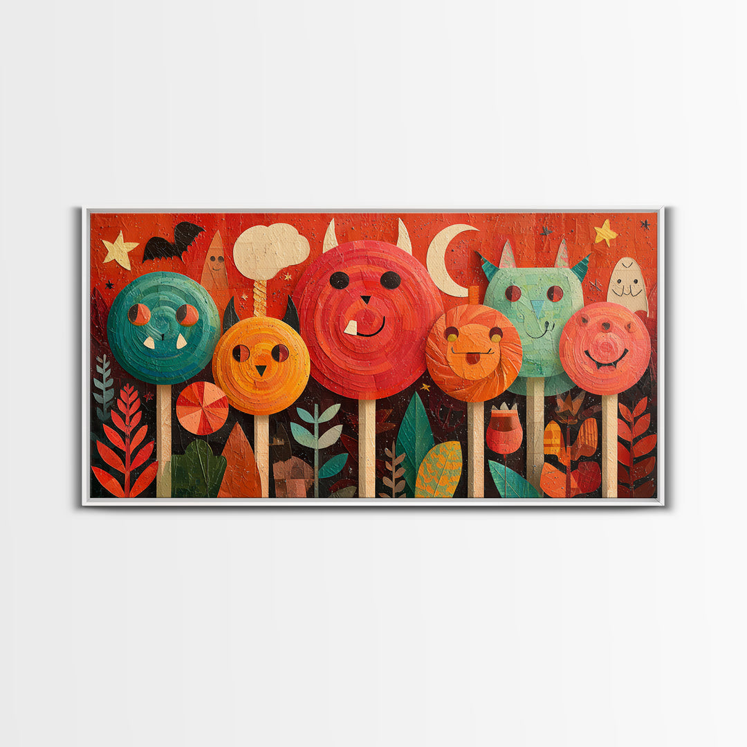 The Friendly Lollipop Monsters, Paper Collage Halloween, Wide Panoramic Art, Framed Canvas Print, Cute Halloween Wall Art