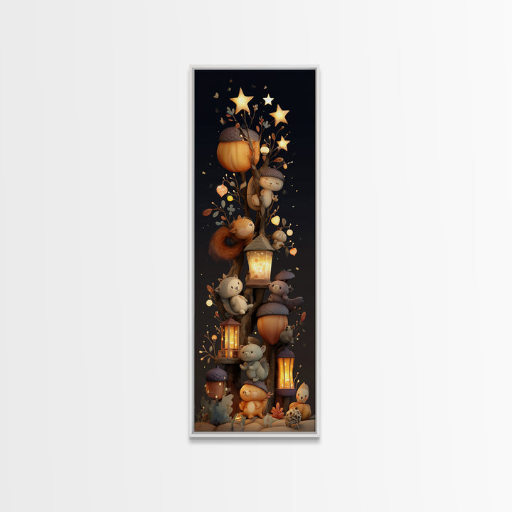 The Acorn Lantern Festival, Clay Halloween Art, Tall Narrow Wall Art, Framed Canvas Print, Cute Halloween Wall Art