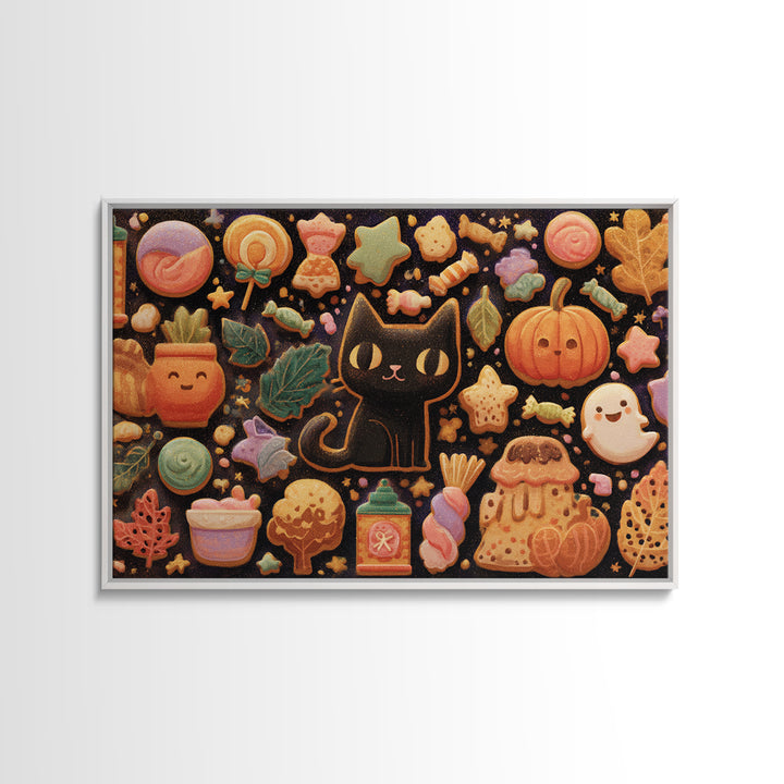 The Black Cat Baker, Kawaii Halloween Art, Landscape Wall Art, Framed Canvas Print, Cute Halloween Wall Art