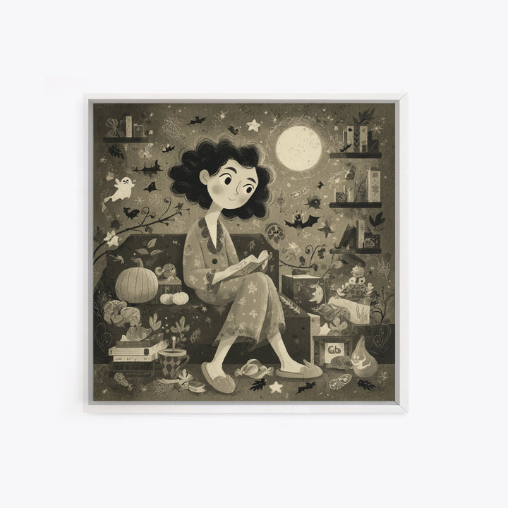 The Moonlight Pajama Witch, Retro Halloween Art, Square Wall Art, Canvas Print, Cute Halloween Wall Art