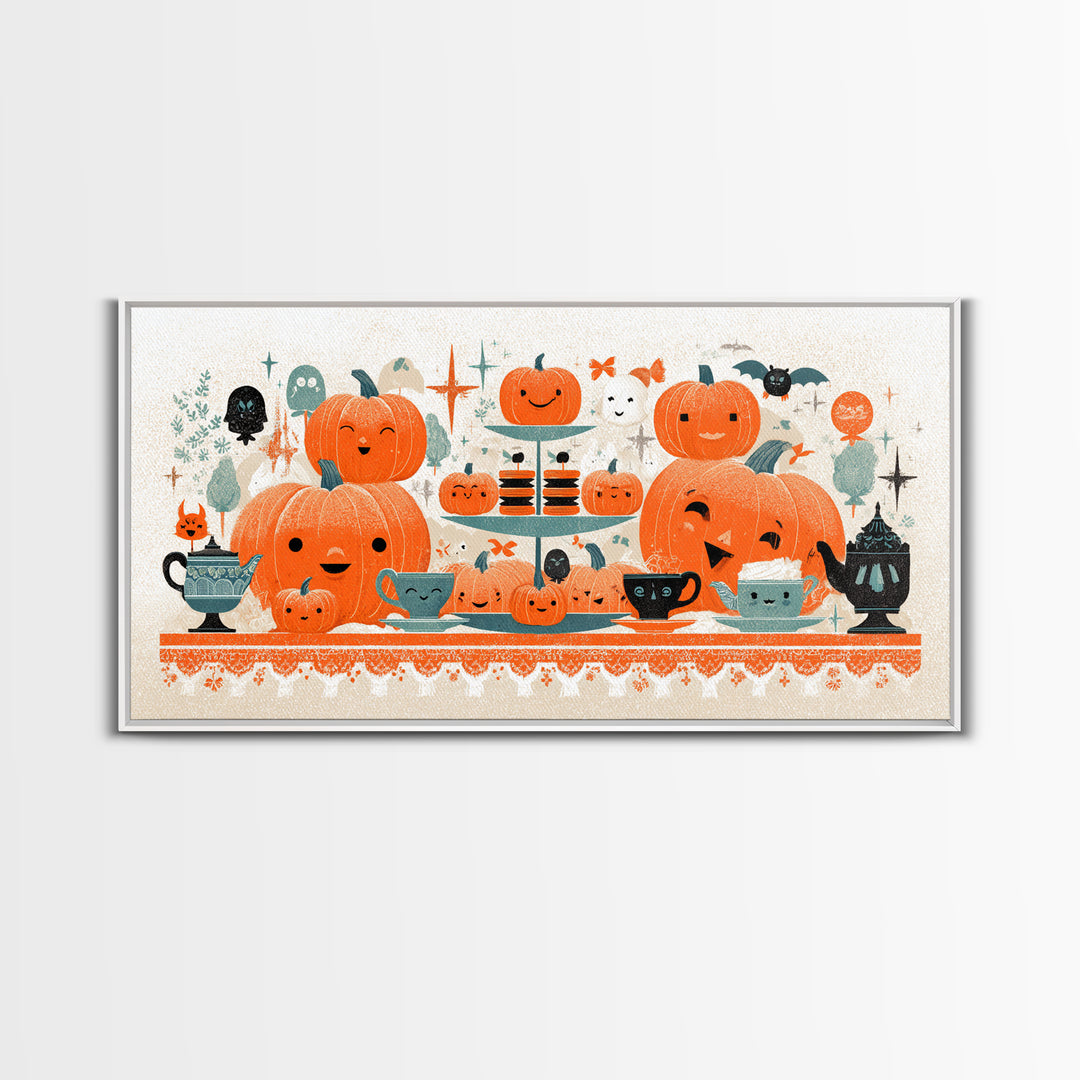 The Pumpkin Tea Party, Screenprint Halloween Art, Wide Panoramic Art, Framed Canvas Print, Cute Halloween Wall Art