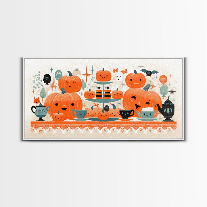 The Pumpkin Tea Party, Screenprint Halloween Art, Wide Panoramic Art, Framed Canvas Print, Cute Halloween Wall Art