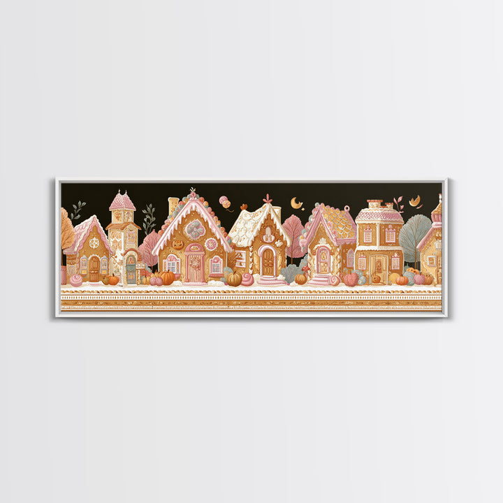 The Halloween Gingerbread Village, Folk Halloween Art, Extra Wide Wall Art, Canvas Print, Cute Halloween Wall Art, Storybook Decor