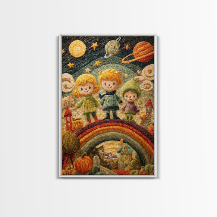 The Parade Across The Stars, Embroidered Halloween Art, Vertical Wall Art, Canvas Print, Cute Halloween Wall Art
