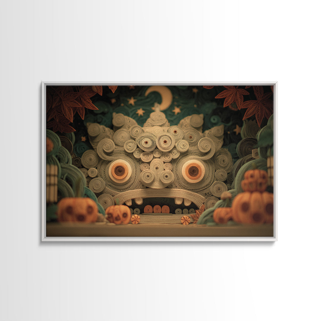 The Custodian Of The Whispering Idol, Quilled Halloween Art, Landscape Wall Art, Framed Canvas Print, Cute Halloween Wall Art