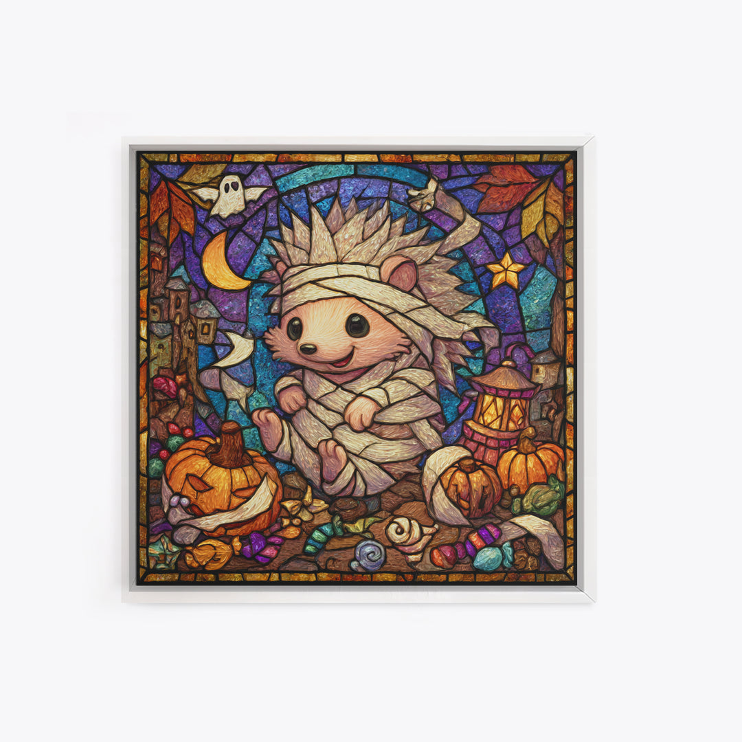 The Hedgehog Mummy, Stained Glass Halloween, Square Wall Art, Canvas Print, Cute Halloween Wall Art, Halloween Kids Decor