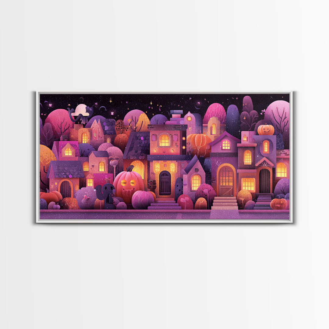 Pumpkin Cottage Lane, Vaporwave Halloween Art, Wide Panoramic Art, Framed Canvas Print, Cute Halloween Wall Art