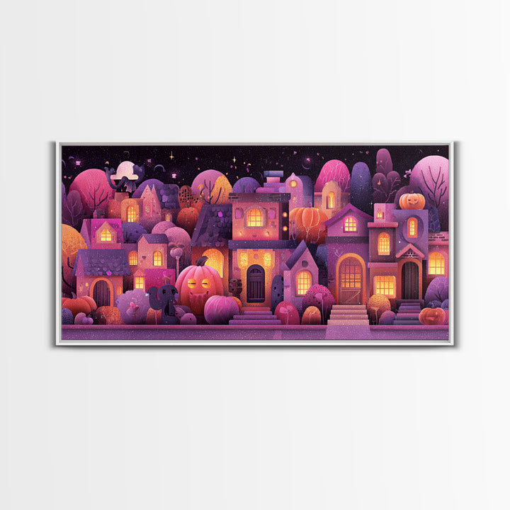 Pumpkin Cottage Lane, Vaporwave Halloween Art, Wide Panoramic Art, Framed Canvas Print, Cute Halloween Wall Art