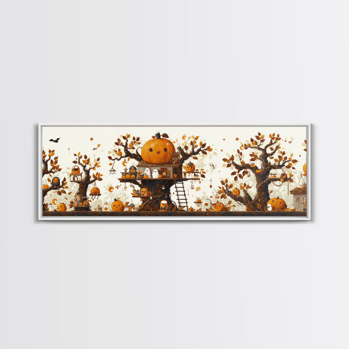 The Pumpkin Treehouse, Pixel Halloween Art, Extra Wide Wall Art, Canvas Print, Cute Halloween Wall Art