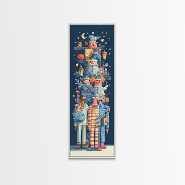 The Monster Pajama Parade, Vector Halloween Art, Tall Narrow Wall Art, Framed Canvas Print, Cute Halloween Wall Art