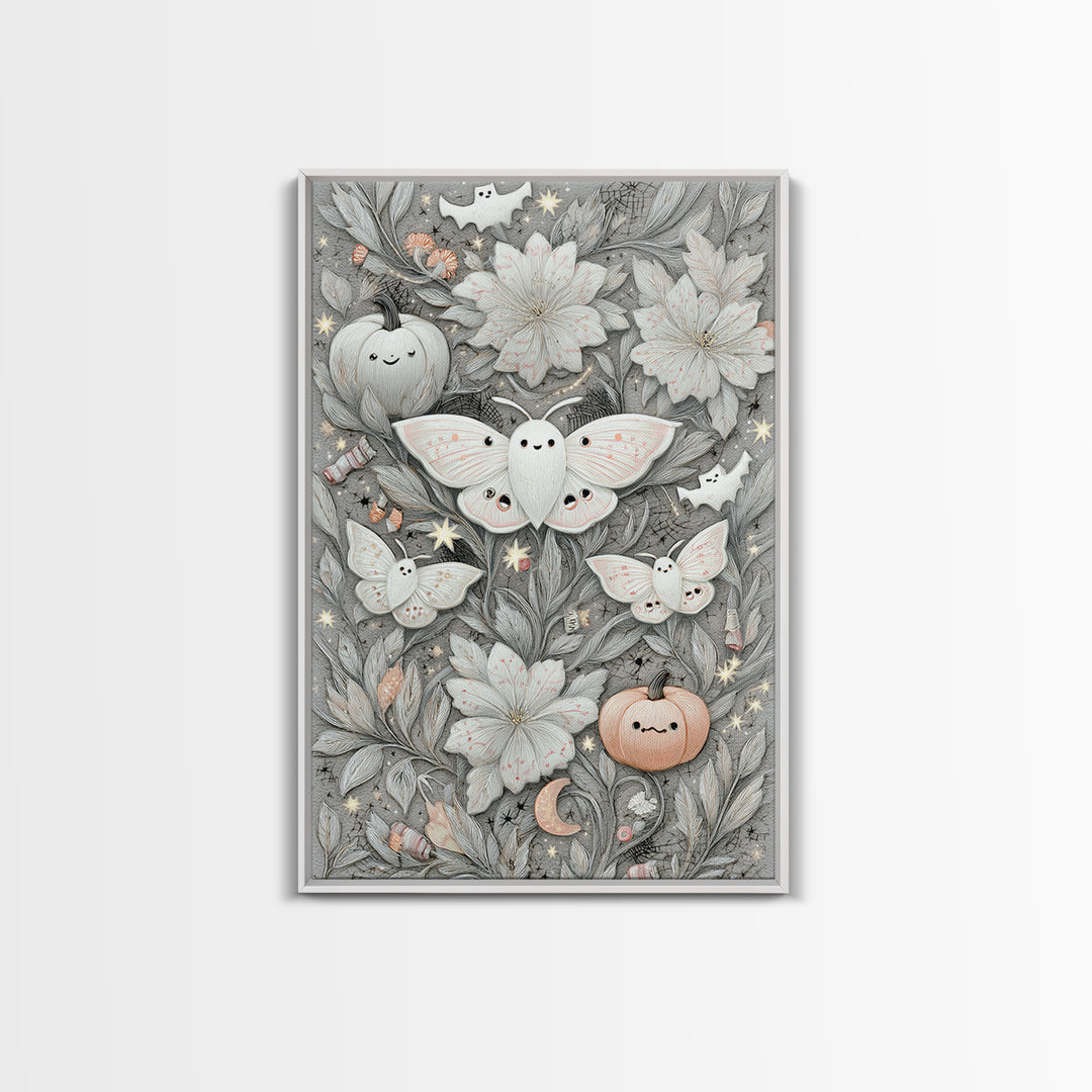 The Moon-Moth Garden, Hand Sketch Halloween Art, Vertical Wall Art, Canvas Print, Cute Halloween Wall Art
