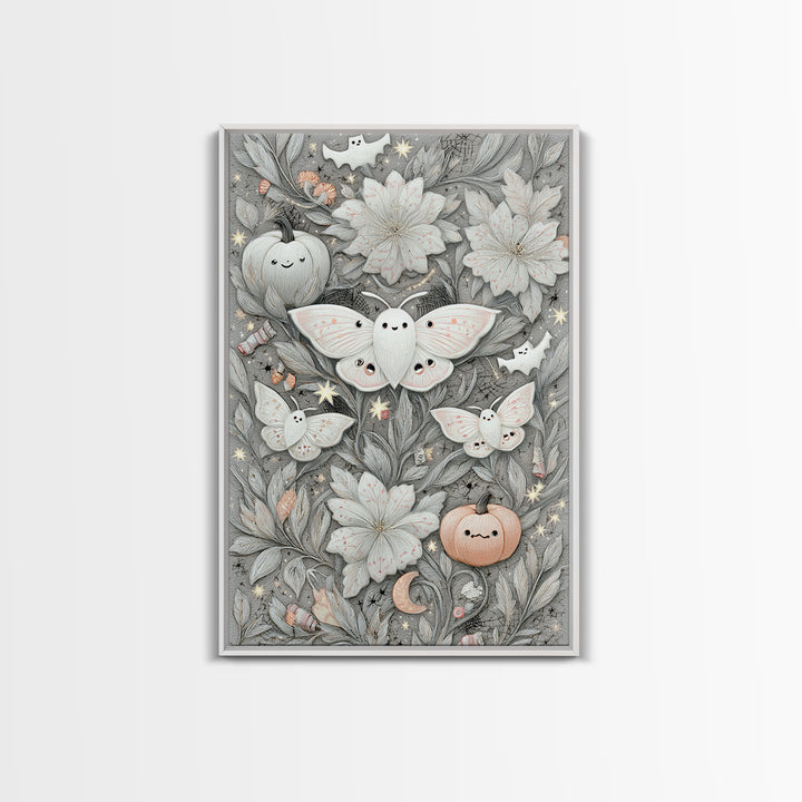 The Moon-Moth Garden, Hand Sketch Halloween Art, Vertical Wall Art, Canvas Print, Cute Halloween Wall Art