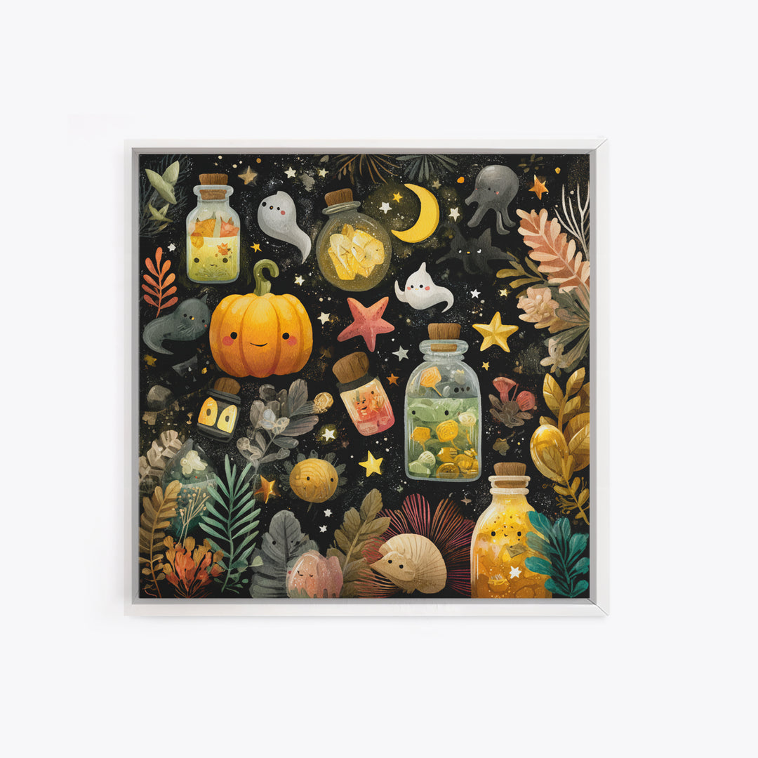 The Apothecary Of Black Seashell Dreams, Gouache Halloween Art, Square Wall Art, Canvas Print, Cute Halloween Wall Art