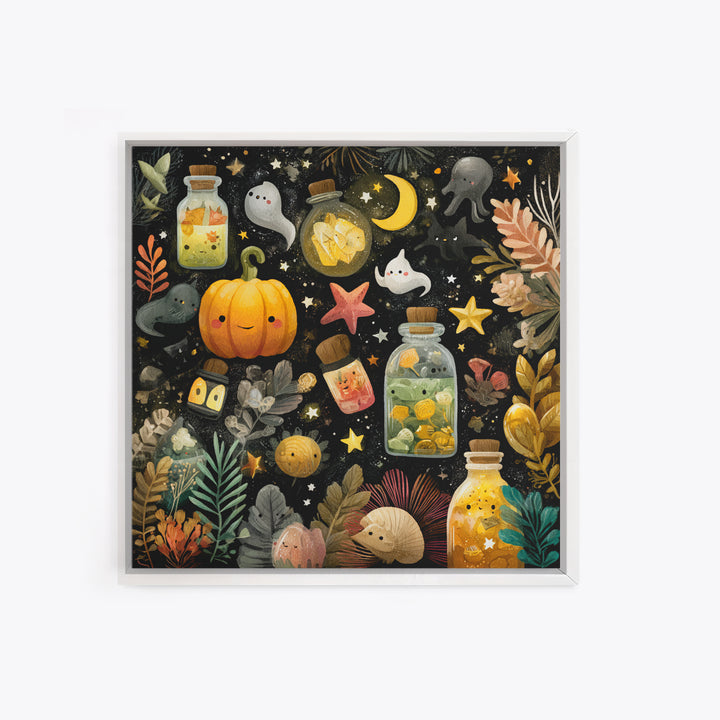 The Apothecary Of Black Seashell Dreams, Gouache Halloween Art, Square Wall Art, Canvas Print, Cute Halloween Wall Art