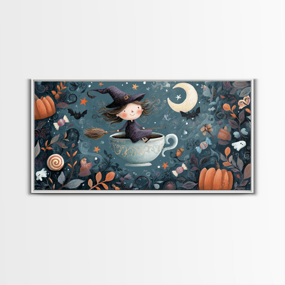 The Teacup Witch, Crayon Halloween Art, Wide Panoramic Art, Framed Canvas Print, Cute Halloween Wall Art