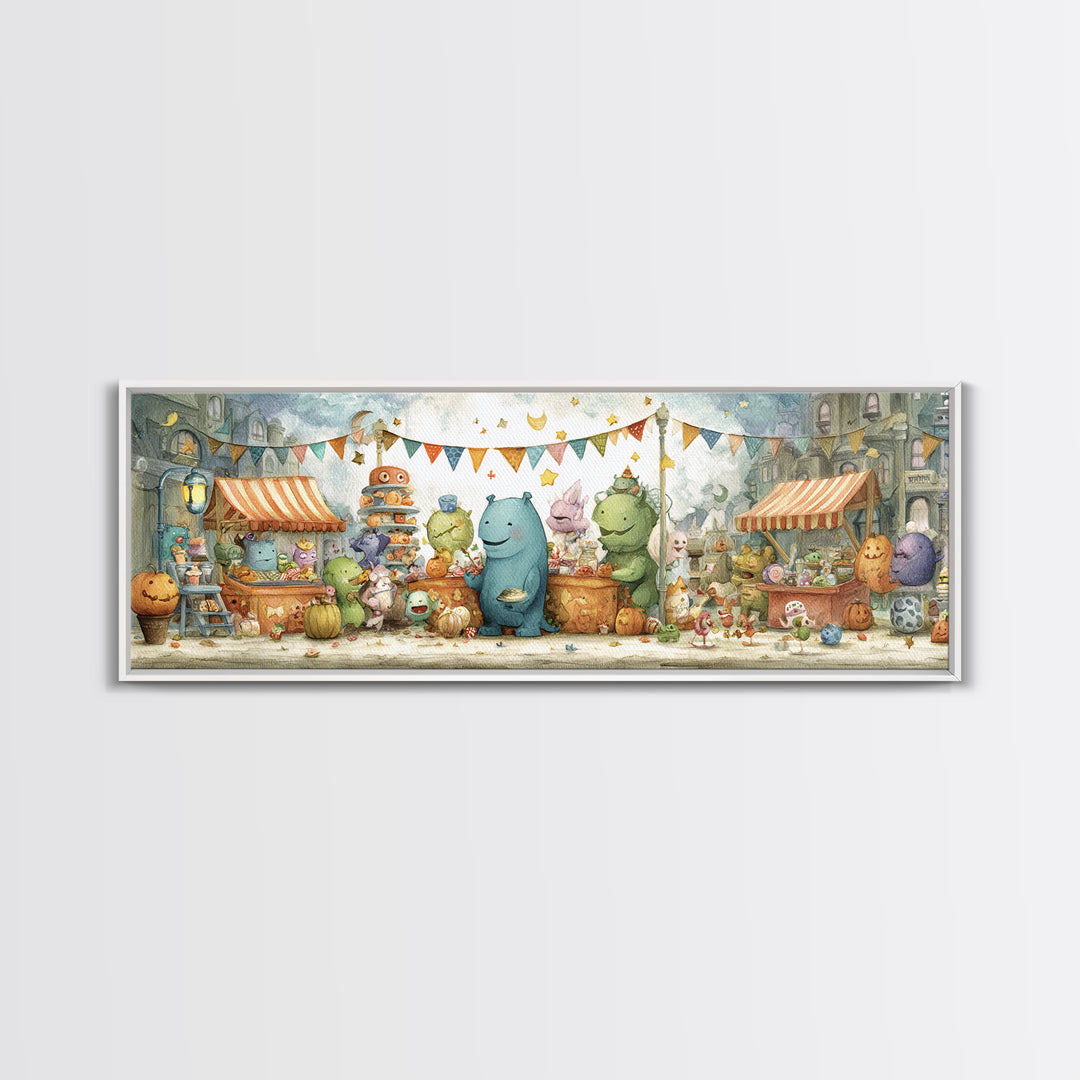 The Friendly Monster Market, Pastel Halloween Art, Extra Wide Wall Art, Canvas Print, Cute Halloween Wall Art