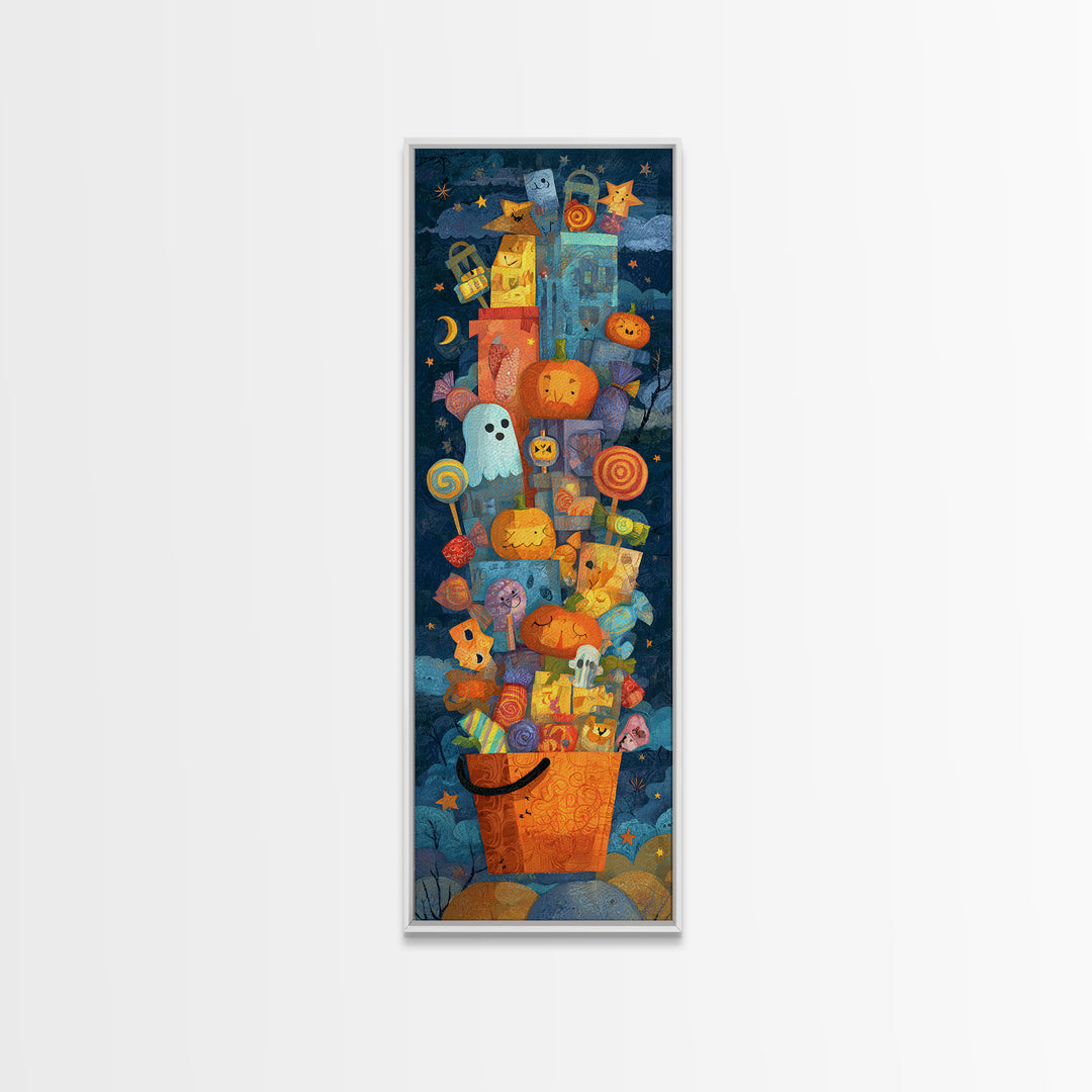 The Candy Basket Sleepover, Paper Collage Halloween, Tall Narrow Wall Art, Framed Canvas Print, Cute Halloween Wall Art