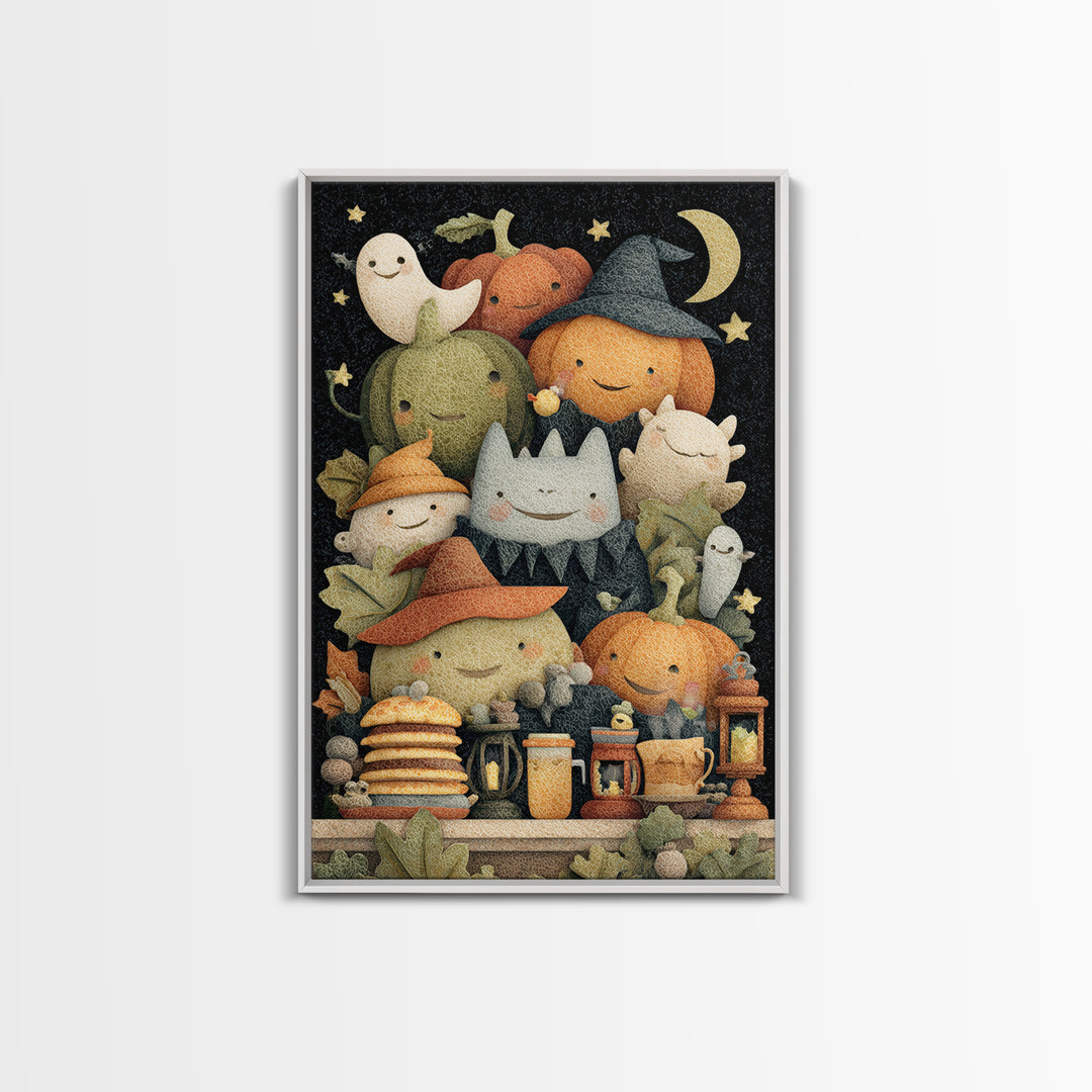 The Pumpkin Pancake Breakfast, Felt Halloween Art, Vertical Wall Art, Canvas Print, Cute Halloween Wall Art