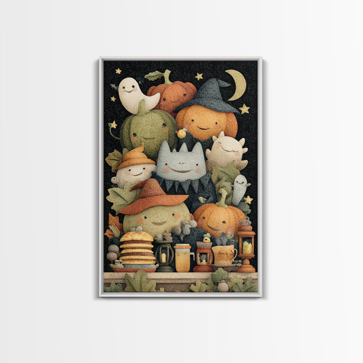 The Pumpkin Pancake Breakfast, Felt Halloween Art, Vertical Wall Art, Canvas Print, Cute Halloween Wall Art