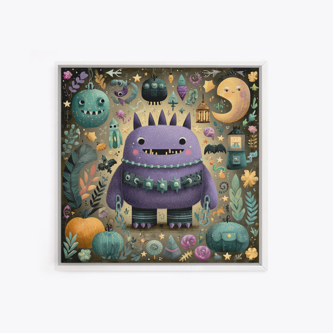 The Moonlit Shoggoth Menagerie, Plush Halloween Art, Square Wall Art, Canvas Print, Cute Halloween Wall Art