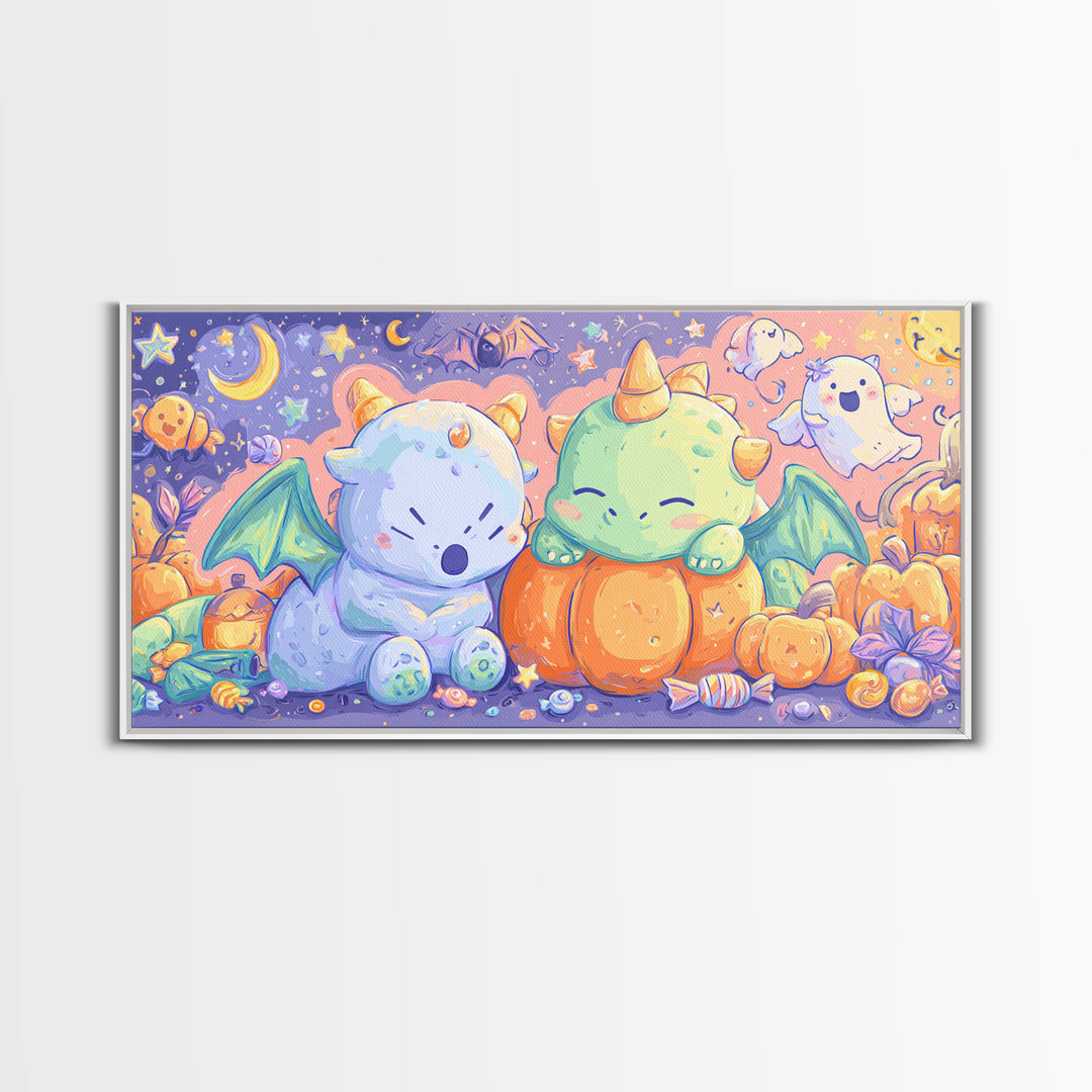 The Sleepy Costume Dragon, Kawaii Halloween Art, Wide Panoramic Art, Framed Canvas Print, Cute Halloween Wall Art