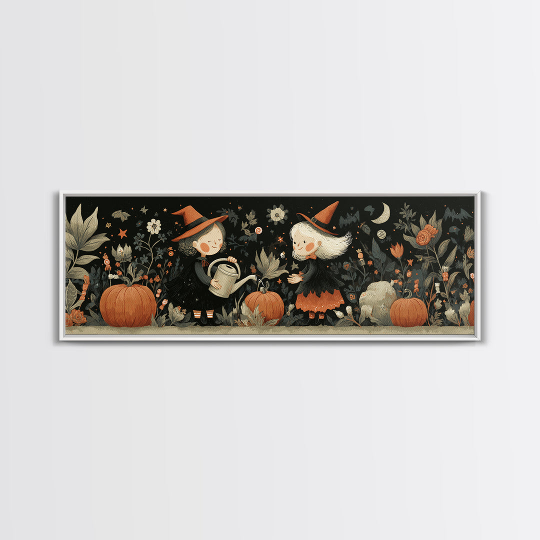 The Moon Garden Witch, Retro Halloween Art, Extra Wide Wall Art, Canvas Print, Cute Halloween Wall Art