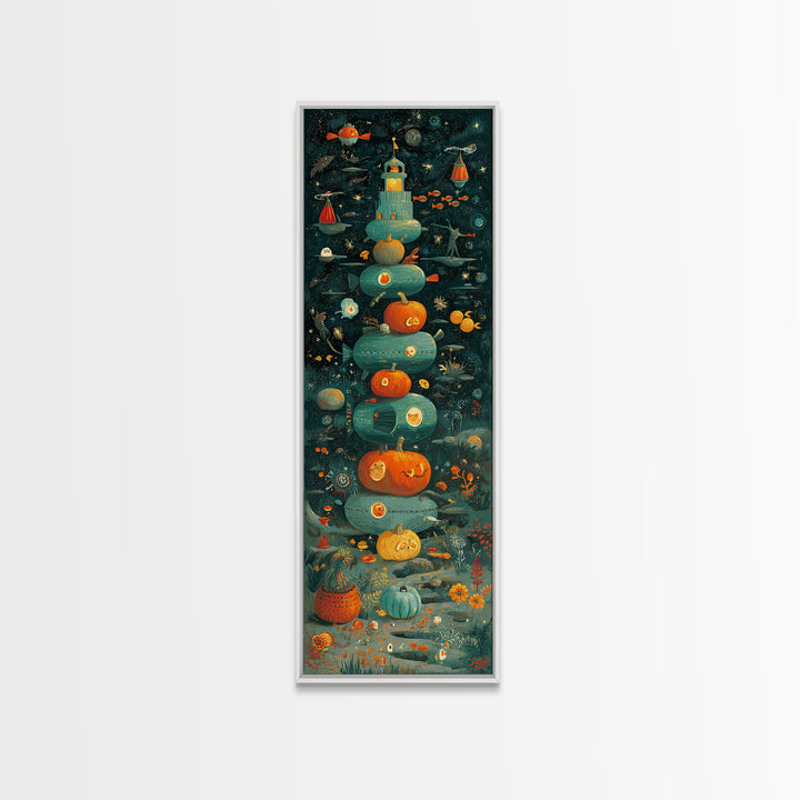 The Pumpkin Submarine, Screenprint Halloween Art, Tall Narrow Wall Art, Framed Canvas Print, Cute Halloween Wall Art